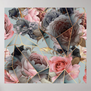 Póster Geometría de cristal floral, retrogrupo de luz de 