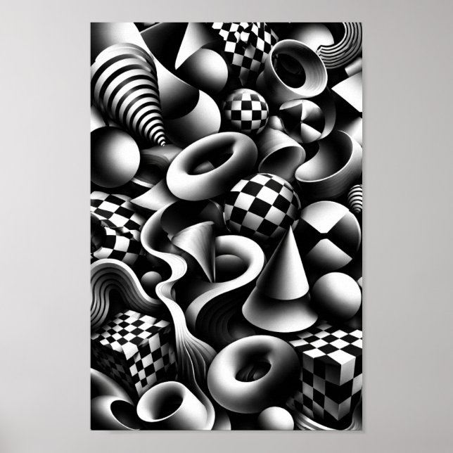 Póster Geometría monocroma hipnótica – Ilusión óptica 3D (Frente)