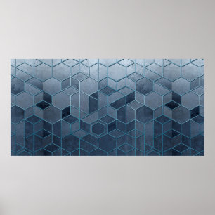 Póster Geometric abstraction of hexagons on a blue relief
