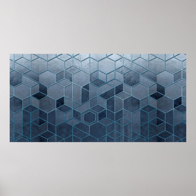 Póster Geometric abstraction of hexagons on a blue relief (Frente)