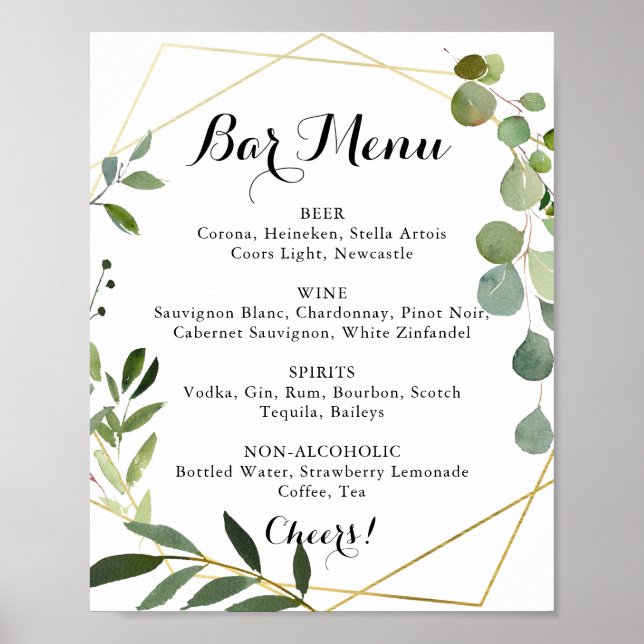 Póster Geometric Gold Tropical Wedding Bar Menu Sign (Frente)