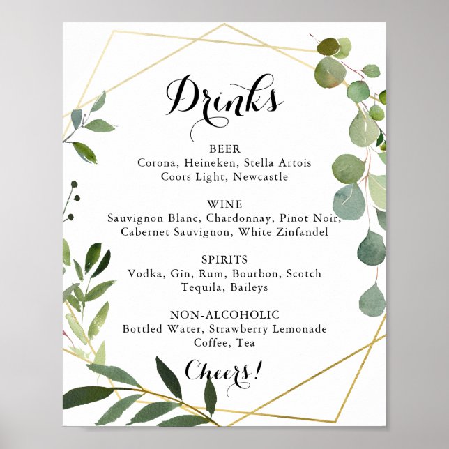 Póster Geometric Gold Tropical Wedding Drinks Menu Sign (Frente)