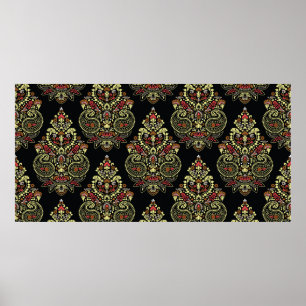 Póster Geometric indianpaisley Design pattern on black ba