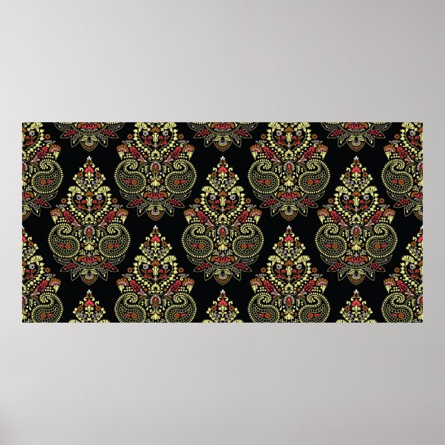 Póster Geometric indianpaisley Design pattern on black ba (Frente)