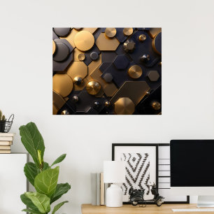 Póster Geometric Metallact Abstract Wall Art - Oro y Bl