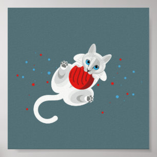 Póster Geometric white cat playing with red ball