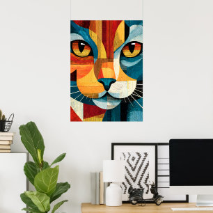 Póster geométrico de cara de gato abstracto colori