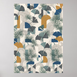 Póster geométrico de ginkgo y pino en azul verde, 