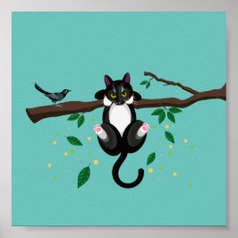 Póster Geométrico negro y blanco Cat up a árbol ilustraci