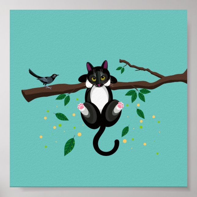 Póster Geométrico negro y blanco Cat up a árbol ilustraci (Frente)