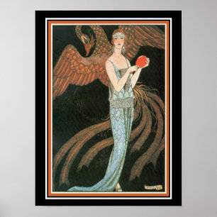 Póster George Barbier Art Deco Chica con Peacock 12 x 16