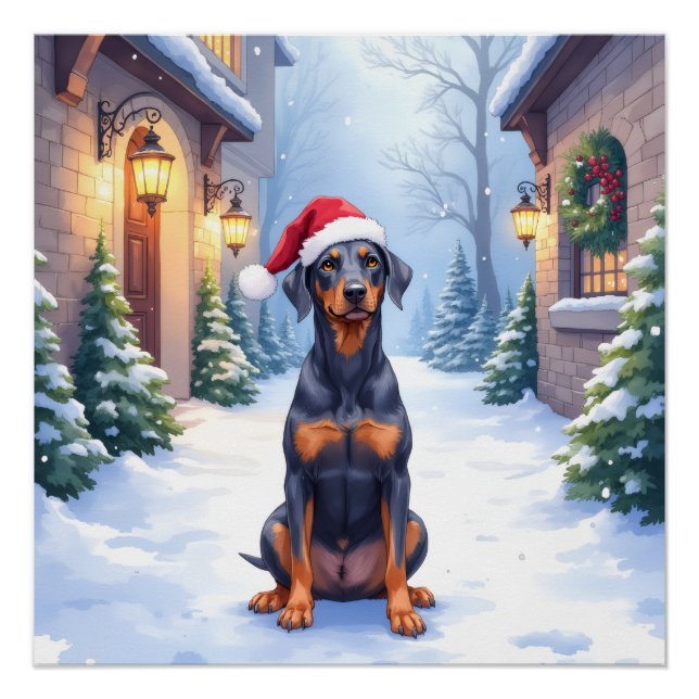 Póster German Pinscher Snowy Courtyard Santa Hat (Anverso)