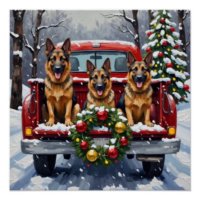 Póster German Shepherd Christmas Red Truck Holiday (Anverso)