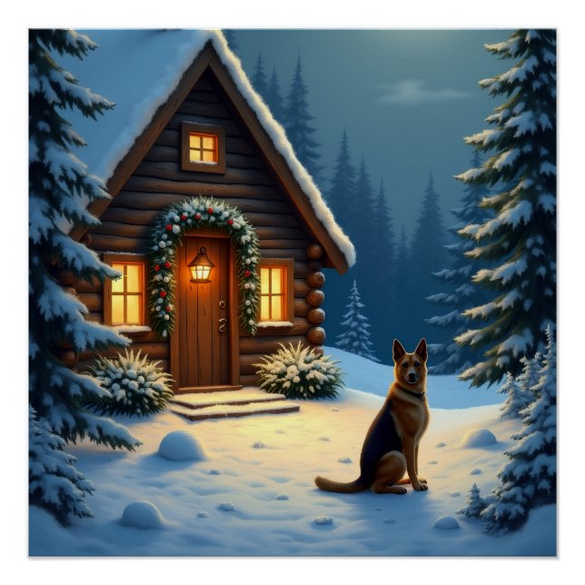 Póster German Shepherd Snowy Forest Cabin Christmas Paint (Anverso)