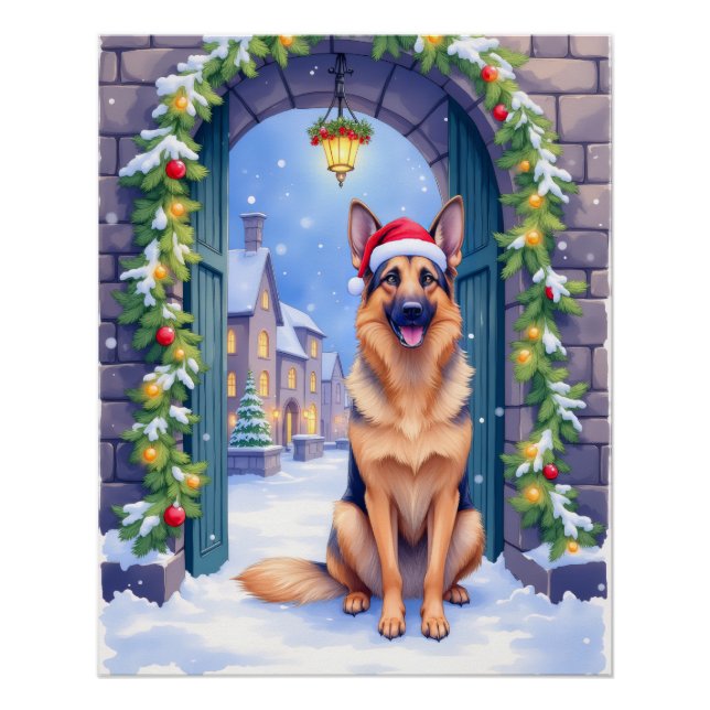 Póster German Shepherd Snowy Town Gate Santa Christmas (Anverso)
