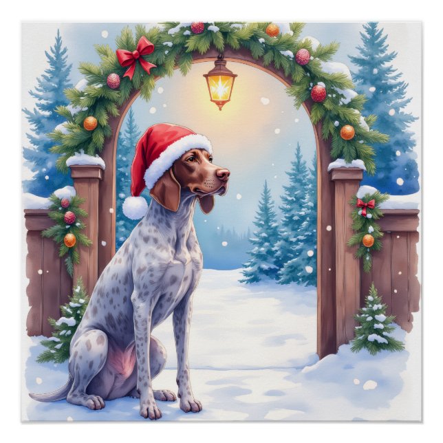 Póster German Shorthaired Pointer Snowy Gate Santa Hat (Anverso)