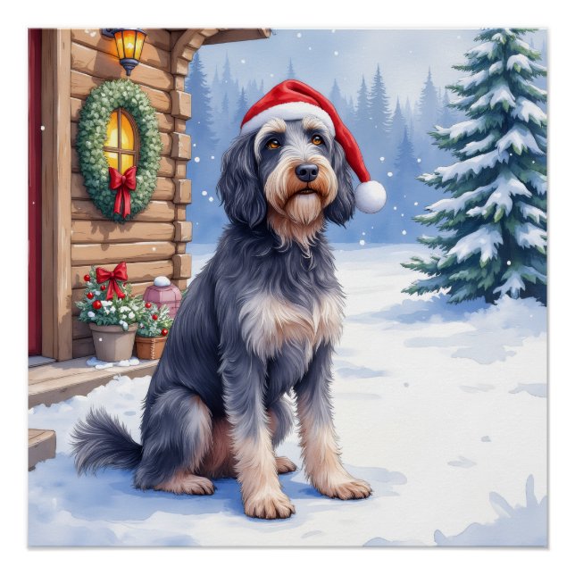 Póster German Wirehaired Pointer Snowy Lodge Santa Hat (Anverso)