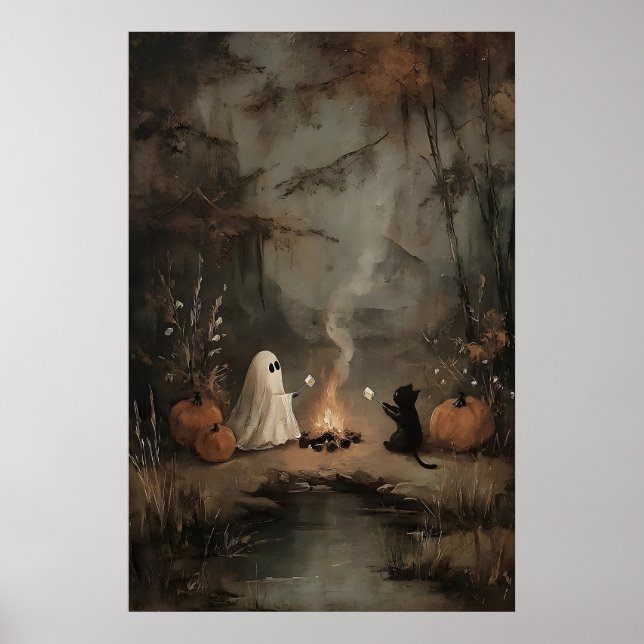 Póster Ghost And Black Cat By Campfire With Marshmallows (Frente)