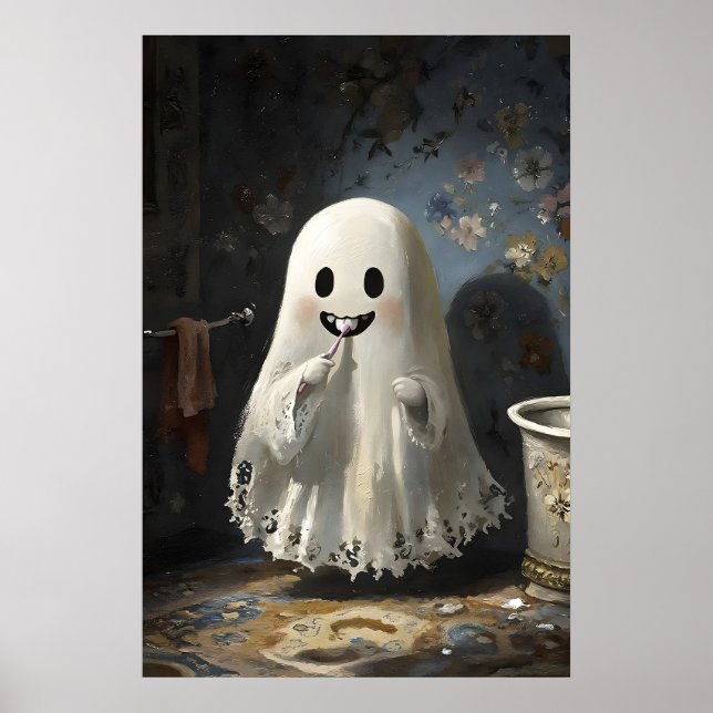 Póster Ghost Brushing Teeth Bathtub Print, Bathroom Dark (Frente)