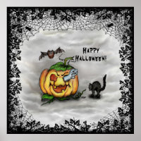 Ghost , Cat , Bat and Pumpkin , Happy Halloween!
