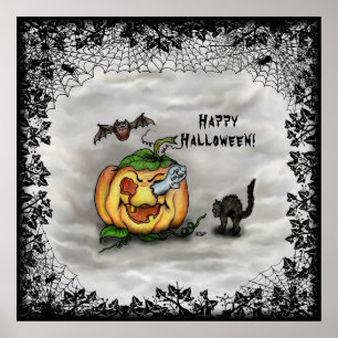 Póster Ghost , Cat , Bat and Pumpkin , Happy Halloween!