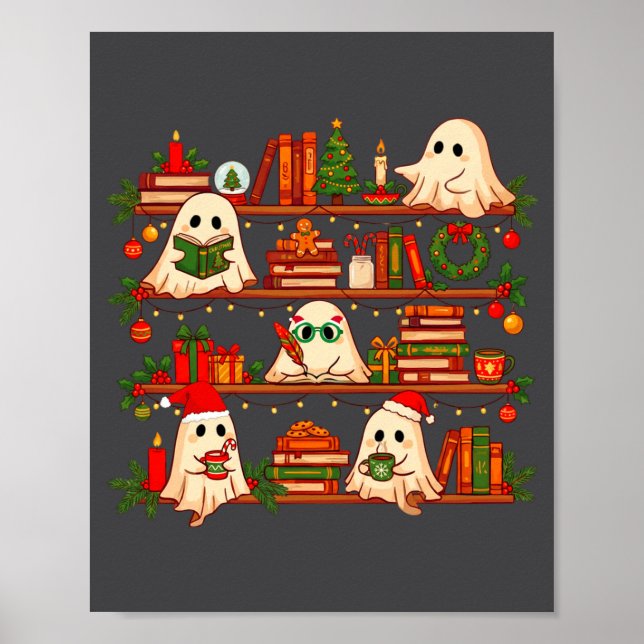 Póster Ghost Christmas Hat Reading Book Bookshelf Lover L (Frente)