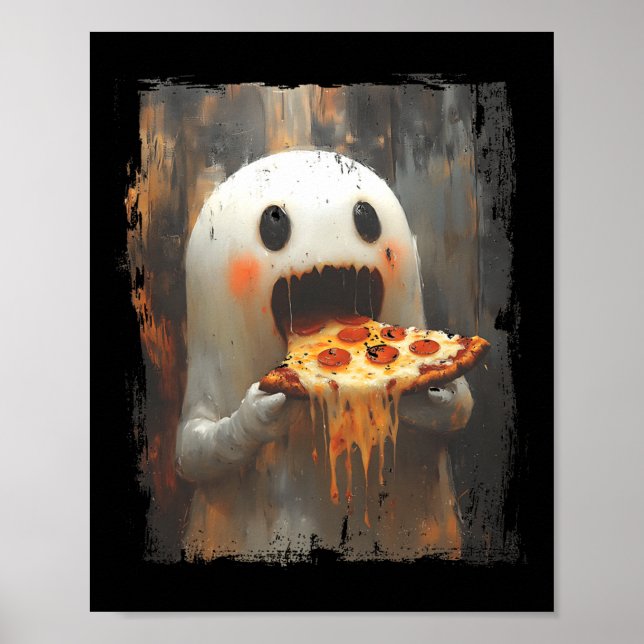 Póster Ghost Cute Pizza Comer Pizza Funny Comida Hallowee (Frente)