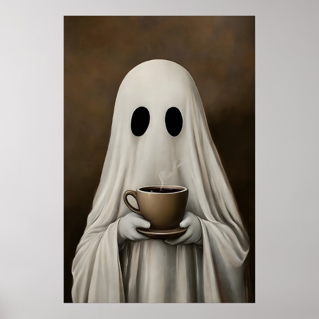 Póster Ghost Drinking Coffee Print, Ghost Tea Whimsical (Frente)