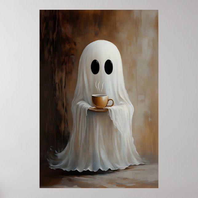 Póster Ghost Drinking Coffee Print, Ghost Tea Whimsical (Frente)