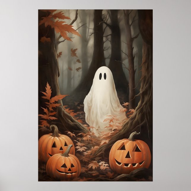 Póster Ghost In Fall Woods With Pumpkins, Dark Academia (Frente)