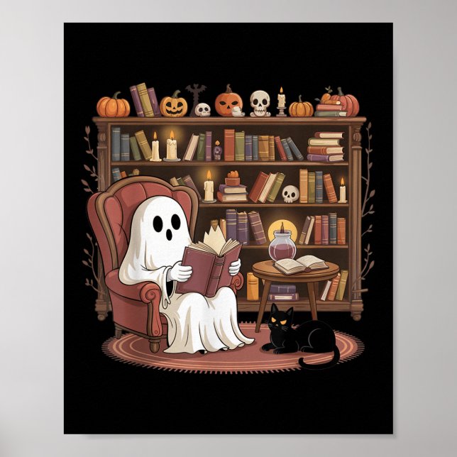 Póster Ghost Reading Book Lovers Halloween Spooky Library (Frente)