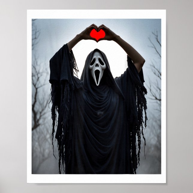 Póster Ghost Red Heart Hands Y Face Halloween Valentines  (Frente)
