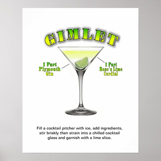 Póster Gimlet Martini Cocktail Receta 16"x20" Poster de A (Frente)