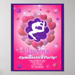 Póster Gimnasia Partido de Cumpleaños Invitación Púrpura 