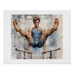 Póster Gimnasta masculino en barras paralelas, 