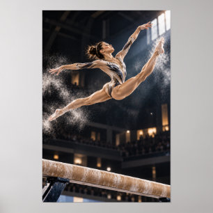 Póster Gimnasta saltando sobre la viga de equilibrio Dram