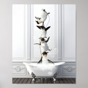 Póster Gimnastas Pingüinos en el Baño – Baño Divertido y 