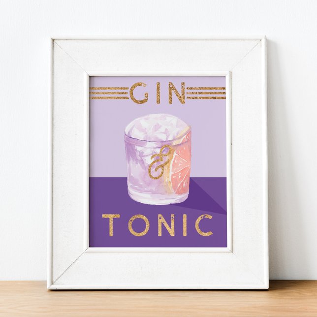 Póster Gin & Tonic Retro Purple Coctail Watercolor (Gin & Tonic Retro Purple Cocktail Watercolor Poster)
