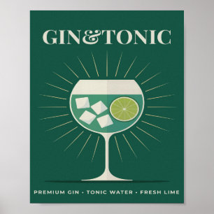 Póster Gin Tonic Retro Verde Oscuro Gráfico de Cóctel