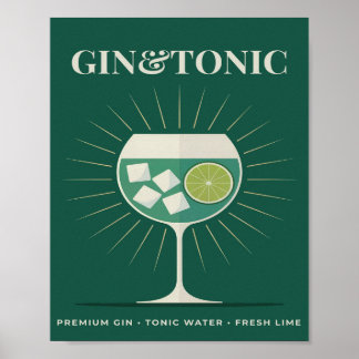 Póster Gin Tonic Retro Verde Oscuro Gráfico de Cóctel