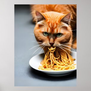 Póster Ginger Cat comiendo Spaghetti