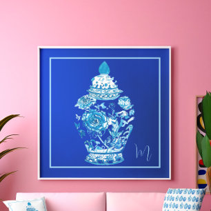 Póster Ginger Jar elegante monogramado blanco azul