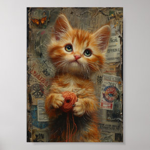 Póster Ginger Kitten Adorable con collage de yarn