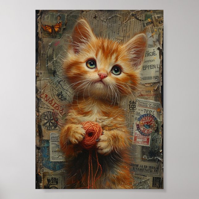 Póster Ginger Kitten Adorable con collage de yarn (Frente)