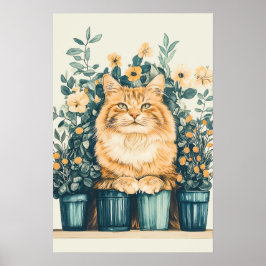 Póster Ginger Tabby Cat rodeada de flores florecientes