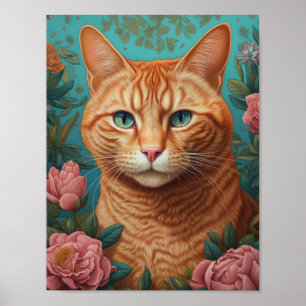 Póster Ginger Tabby Cat y Peonies