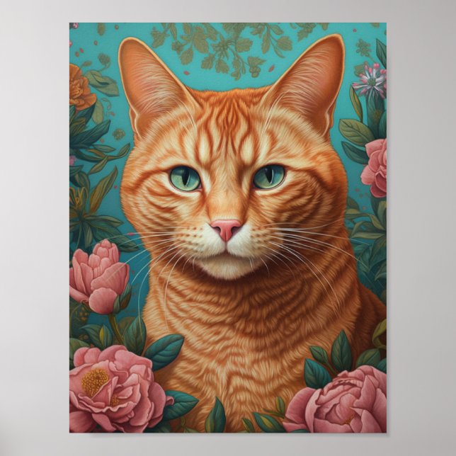 Póster Ginger Tabby Cat y Peonies (Frente)
