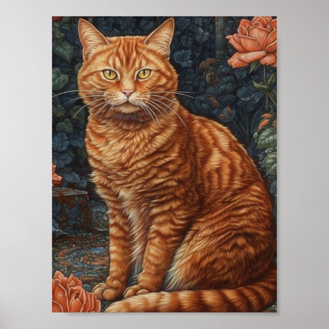 Póster Ginger Tabby Cat y Rosas (Frente)