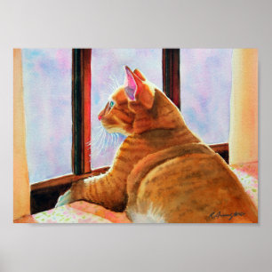 Póster Ginger Tabby en el mantel floral