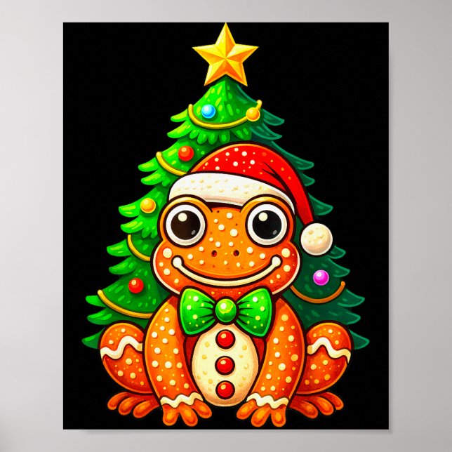 Póster Gingerbread Frog Wearing Santa Hat Christmas Tree  (Frente)